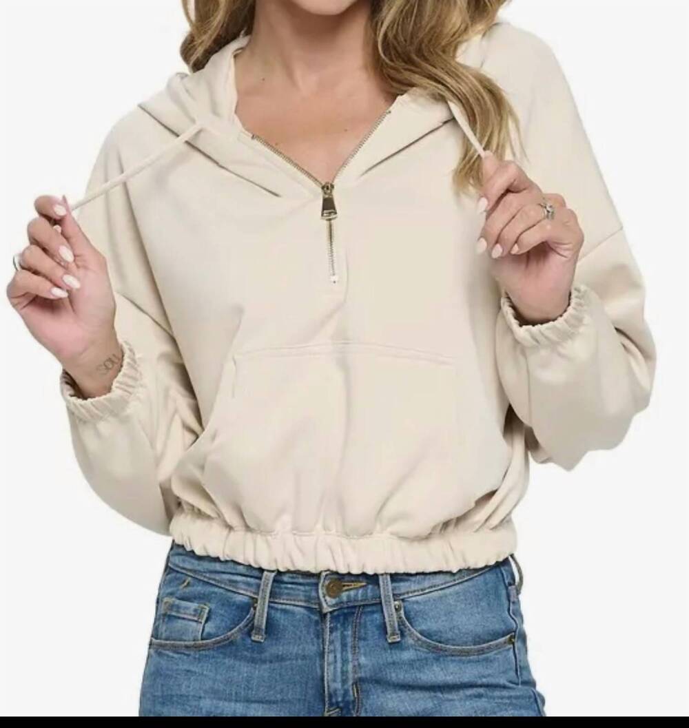 NEW ARIELLA cropped long sleeve hoodie with zipper in ivory